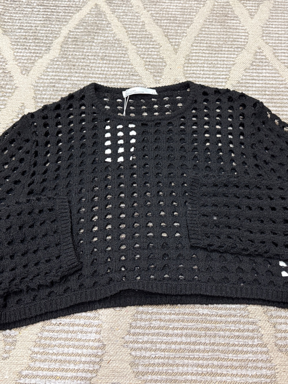 Black Open-Knit cropped Crewneck Sweater